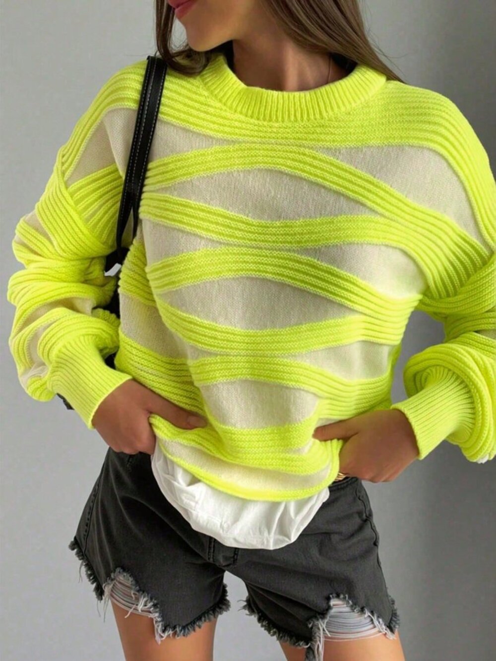 Bright Yellow & Ivory Oversized Abstract Zebra Wave Knit Crew Neck Sweater